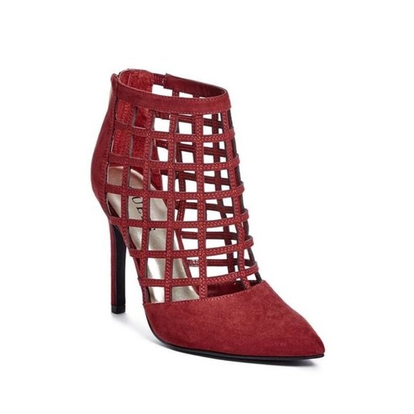 Guess Women's Daleney Caged Heels In Red Faux Suede Size 8.5 - Picture 2 of 5